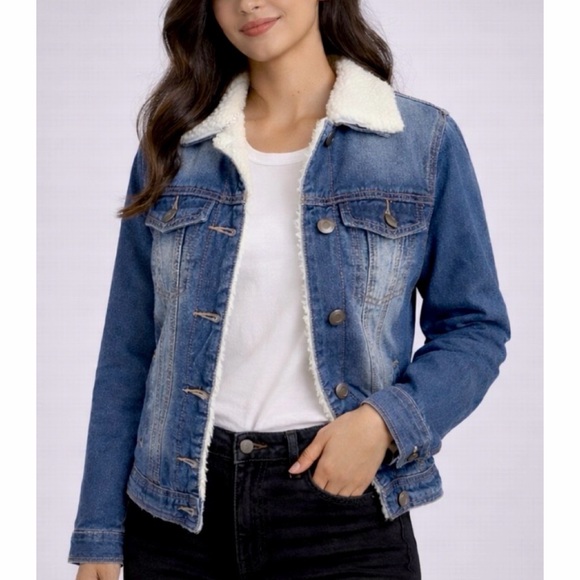 Boohoo Jackets & Blazers - BOOHOO • Blue/White Denim Sherpa-Lined Collared Jacket, 2